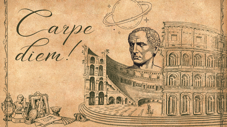 Image of the Colosseum in Rome with a person standing in the foreground, wearing clothing from the ancient Roman period, and the words 'Romance Languages' overlaid on the image.