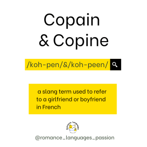 Image of the French words "Copain" and "Copine" with their definition and pronunciation guide.